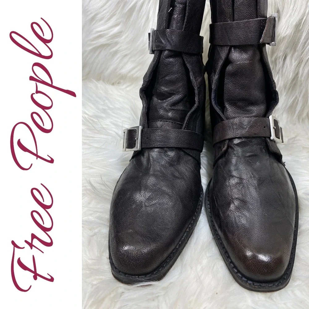 Free People Outsider Leather Double Buckle Moto Combat Boots Black Studded EU 39
